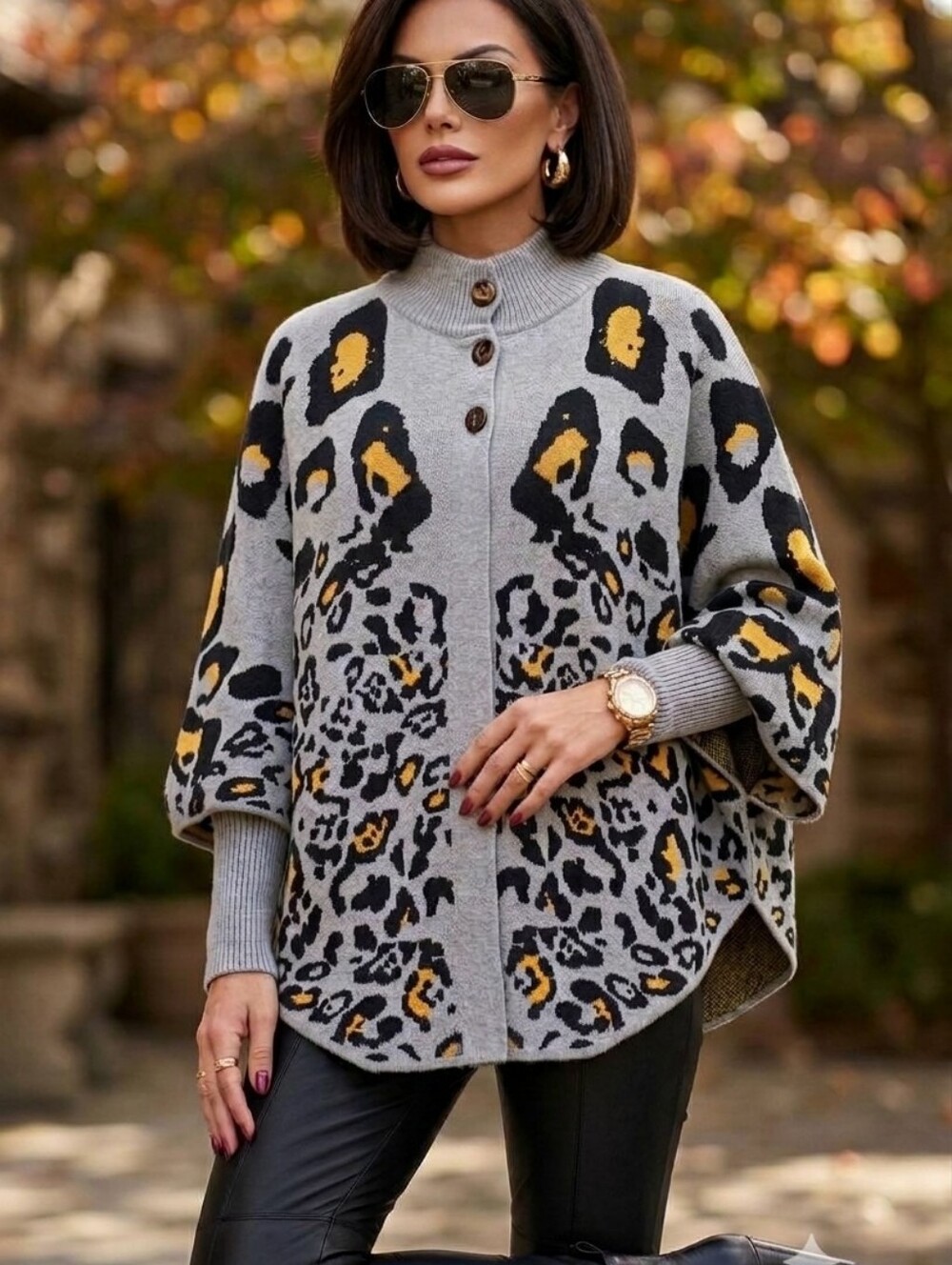 Dolce Vita Leopard Print Dolman Cardigan Sweater Mob Wife Indie Sleeze Cape Grey